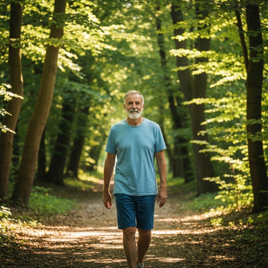 Person walking peacefully on forest path with dappled sunlight